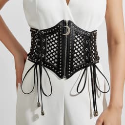Retro Punk Lace Up Rivet Cummerbunds Waistband High Waist Hollow Corset Belts Black PU Leather Elastic Wide Waist Belt