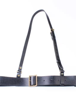 Black Double Needle Buckle Officer Leather Belt Crossed Shoulder Diagonal Shoulder Strap Performance Props 55 Style Bullhide ...