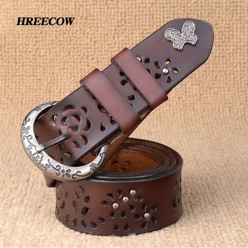 Women Belt Genuine Leather Bow Luxury Strap Female Hollow Out Rivet Belts For Women Pin Buckle Good Quality Cintos Masculinos
