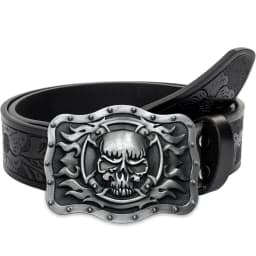 Skull Flame Belt Exquisite Carved Large Plate Buckle Alloy Buckle for Men and Women - Irregular Pattern Carved Flower Long Horn