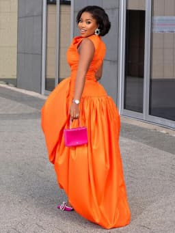 Women's Elegant Cinch Waist Maxi Cocktail Dress Orange Crew Neck Sleeveless Slim Fit Chic Dinner Club Party Evening Long Dresses