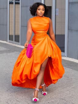 Women's Elegant Cinch Waist Maxi Cocktail Dress Orange Crew Neck Sleeveless Slim Fit Chic Dinner Club Party Evening Long Dresses