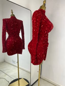 Special Occassion Dress Women Red Sparkly Sequines Long Sleeve Turtleneck Drapped Asymmetric Bodycon Mini Birthday Evening Dress