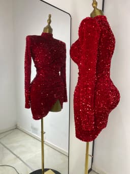 Special Occassion Dress Women Red Sparkly Sequines Long Sleeve Turtleneck Drapped Asymmetric Bodycon Mini Birthday Evening Dress