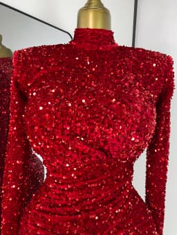 Special Occassion Dress Women Red Sparkly Sequines Long Sleeve Turtleneck Drapped Asymmetric Bodycon Mini Birthday Evening Dress