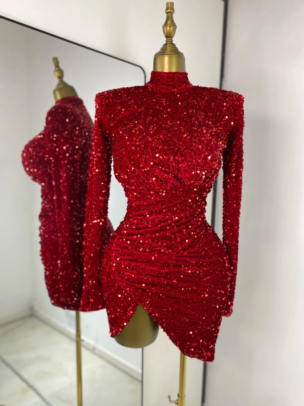 Special Occassion Dress Women Red Sparkly Sequines Long Sleeve Turtleneck Drapped Asymmetric Bodycon Mini Birthday Evening Dress