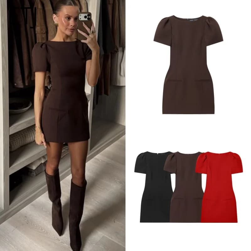 ETJ 2025 women's new products are elegant and stylish Short dress with a boat neck and short sleeves with pleats black dress