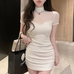 Elegant Short Sleeve Mesh Splice Slim Fit Waist Cinched Mini Dress Street Style Pure Color Polka Dot Print Casual Wear