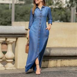 Women Long Denim Blouse Dress Summer Female Turn Down Collar Long Sleeve Button Loose Maxi Beachwear Dresses JYFS-5542