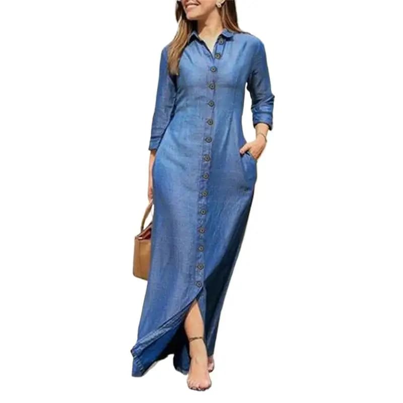 Women Long Denim Blouse Dress Summer Female Turn Down Collar Long Sleeve Button Loose Maxi Beachwear Dresses JYFS-5542
