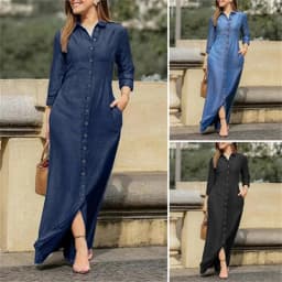 Women Long Denim Blouse Dress Summer Female Turn Down Collar Long Sleeve Button Loose Maxi Beachwear Dresses JYFS-5542