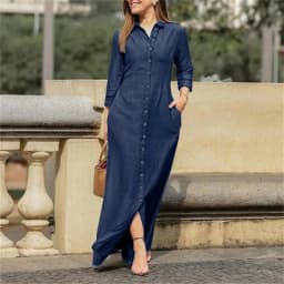 Women Long Denim Blouse Dress Summer Female Turn Down Collar Long Sleeve Button Loose Maxi Beachwear Dresses JYFS-5542