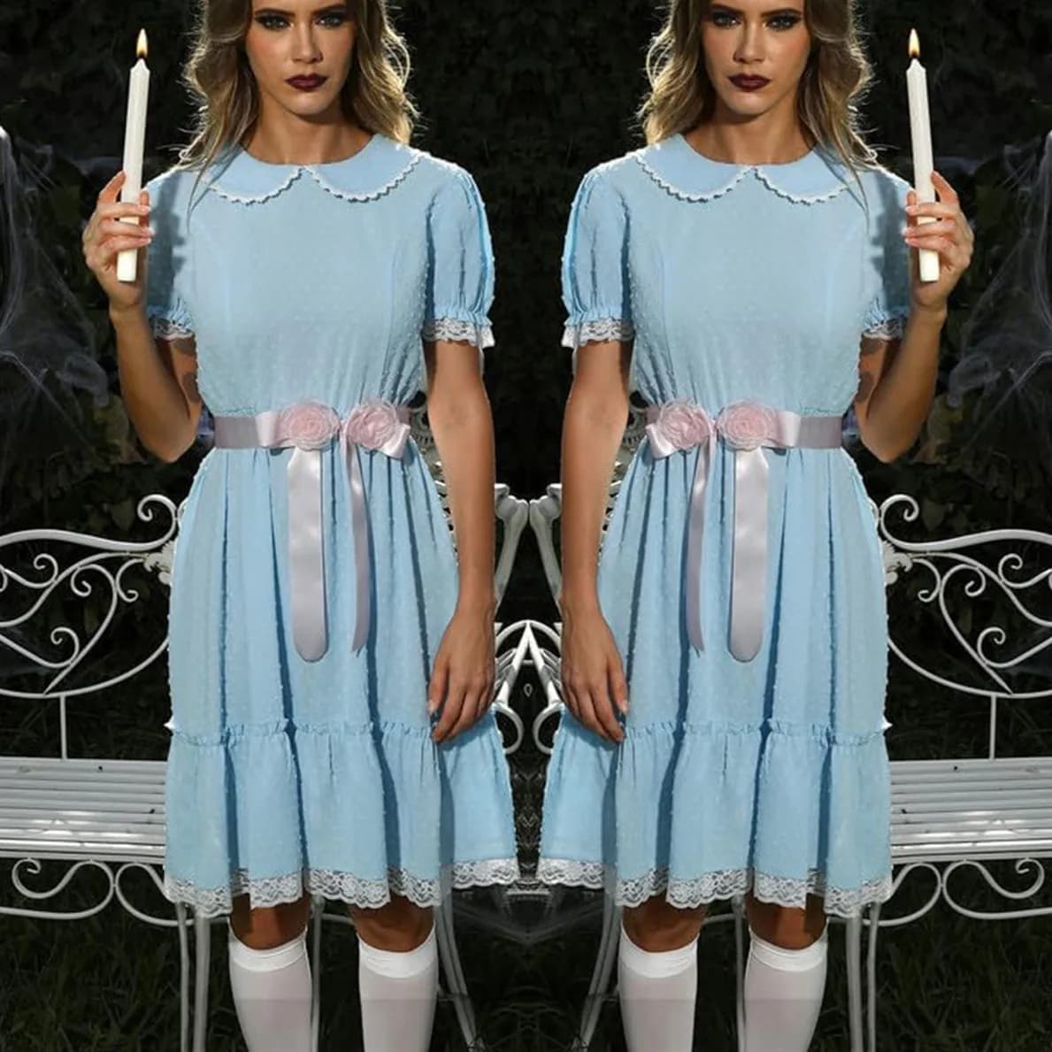 Halloween Creepy Grady Twins Costume for Women Blue Babydoll Dress Cosplay Costume Halloween Fancy Dress Y2k Party Wear