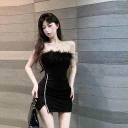 Strapless Dress Women Feather Collar Beaded Slit Birthday Party Wrapped Dresses