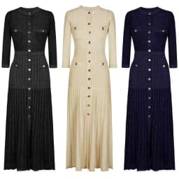 Trendy Women Knitted Midi Dress 3/4 Sleeve Button Front Pleated Slim Fit Navy Blue Elegant Casual Dress 2025