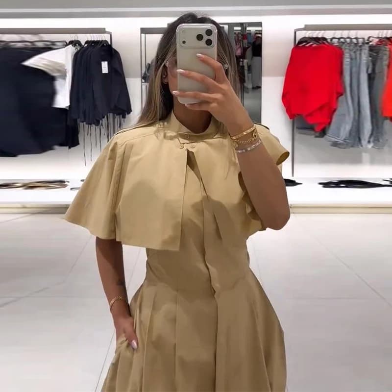 Cape Style Women Dress Turn Down Collar Shirt Dress Stand Collar Waist Defined Shirt Dress A Line Long Dress Daily Fashion Wear