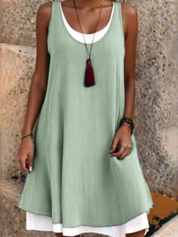 Casual Women Green Dress Summer Fashion Sleeveless Loose Fake Two Piece Elegant Dresses Female New Office Holiday Beach Dress