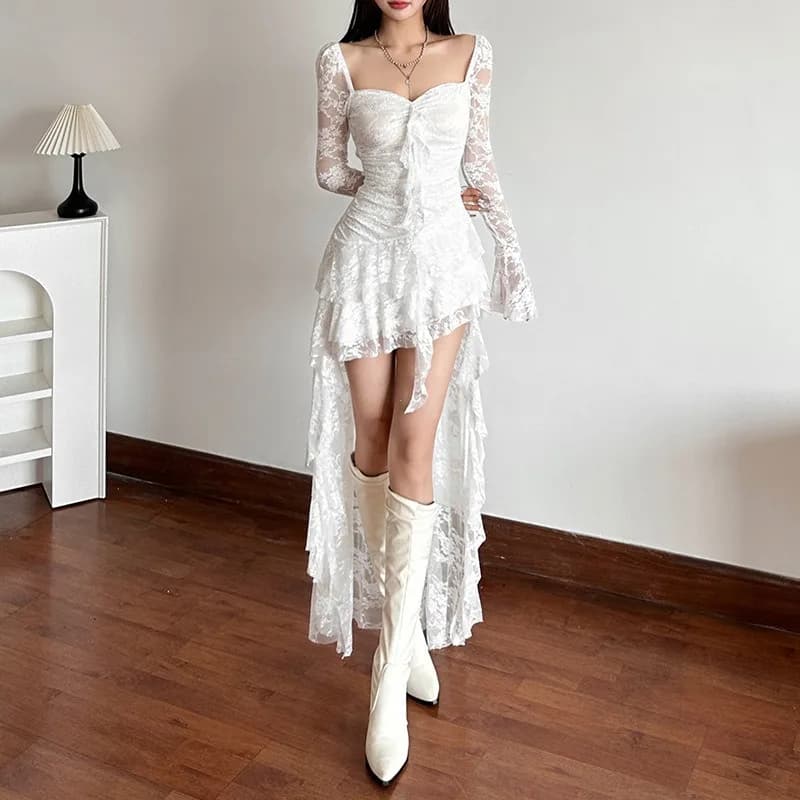 Goth Dark Fairycore Lace Flare Sleeve Square Neck A-line Dress Sweet E-girl Irregular Long Hem Dresses Cyber Y2K Party Vestido