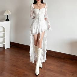 Goth Dark Fairycore Lace Flare Sleeve Square Neck A-line Dress Sweet E-girl Irregular Long Hem Dresses Cyber Y2K Party Vestido