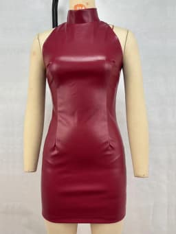 Sexy Burgundy Leather Short Dress Women Slim Turtleneck Sleeveless Hip Package Mini Dresses 2025 Autumn Lady High Waist Vestidos