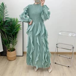 Fashion Ruffles Pleated Dress Women Round Neck Flare Sleeves Solid Maxi Belt Dresses Party 2025 Autumn New