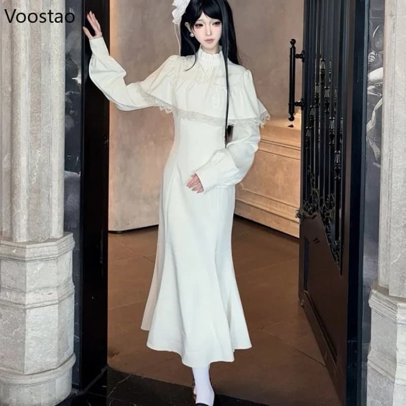 Japanese Style Gothic Y2k Lolita Dress Elegant Women Long Sleeve Lace Ruffles Cape Slim Party Dress Victorian Vintage Punk Dress