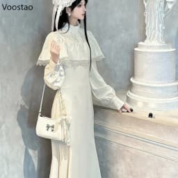 Japanese Style Gothic Y2k Lolita Dress Elegant Women Long Sleeve Lace Ruffles Cape Slim Party Dress Victorian Vintage Punk Dress