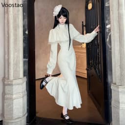 Japanese Style Gothic Y2k Lolita Dress Elegant Women Long Sleeve Lace Ruffles Cape Slim Party Dress Victorian Vintage Punk Dress