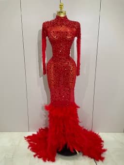 New Sexy Sparkling Red Crystals Feathers Long Sleeve Mermaid Maxi Dress Women Wedding Celebrate Luxury Birthday Party Prom Gown