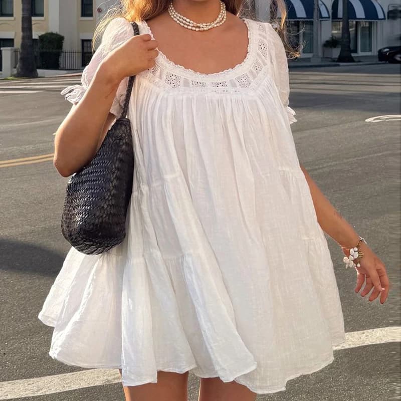 Y2k Kawaii Bow Tie Ruffle A Line Short Dress Women Vintage Puff Sleeve Babydoll Dress Beach Day Flowy Mini Dress Summer Sundress