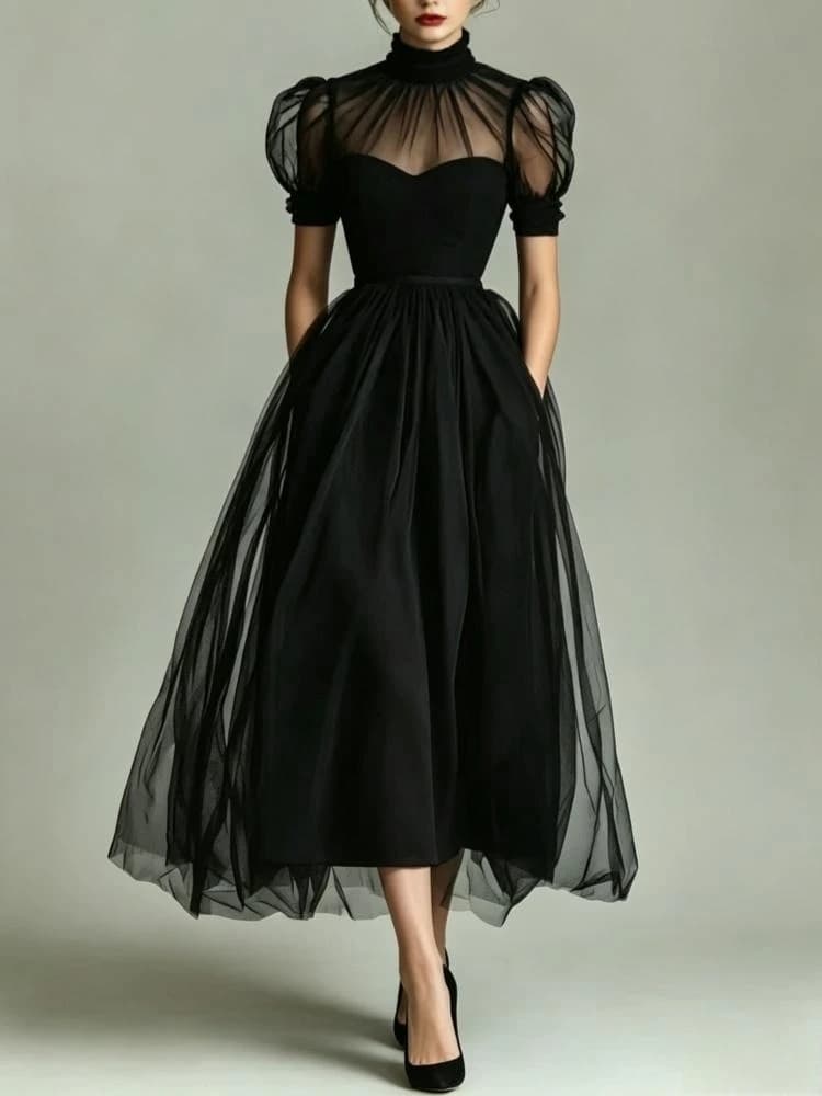 Elegant Black Tulle Prom Dress for Women High Neck Sheer Puff Sleeve A Line Slim Midi Dress Formal Cocktail Party Evening Gown