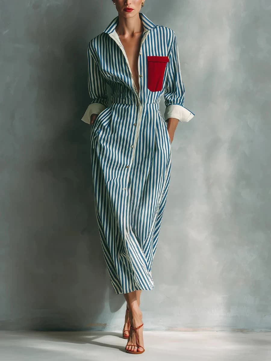 Elegant Striped Print Shirt Dress for Women Casual Turn Down Collar Color Blocking Pocket Long Dresses New Trendy Graceful Robe
