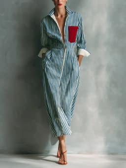 Elegant Striped Print Shirt Dress for Women Casual Turn Down Collar Color Blocking Pocket Long Dresses New Trendy Graceful Robe