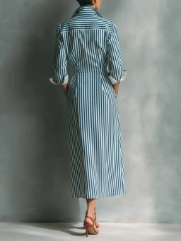 Elegant Striped Print Shirt Dress for Women Casual Turn Down Collar Color Blocking Pocket Long Dresses New Trendy Graceful Robe