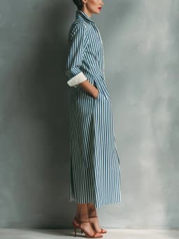 Elegant Striped Print Shirt Dress for Women Casual Turn Down Collar Color Blocking Pocket Long Dresses New Trendy Graceful Robe