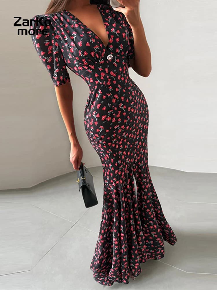 Elegant Women's Floral Printed Dress Slim V Neck Short Sleeve Waist Cinching Long Fishtail Dresses 2026 Summer Lady Party Robes