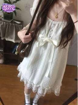 Korean Fashion Dress Women Loose Puff Sleeve Lace Bow Polka Dot Mini Ruffle Hem Dress 2026 Summer Vintage Casual Chic Outfit