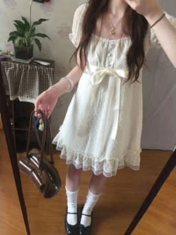Korean Fashion Dress Women Loose Puff Sleeve Lace Bow Polka Dot Mini Ruffle Hem Dress 2026 Summer Vintage Casual Chic Outfit