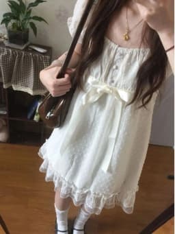 Korean Fashion Dress Women Loose Puff Sleeve Lace Bow Polka Dot Mini Ruffle Hem Dress 2026 Summer Vintage Casual Chic Outfit