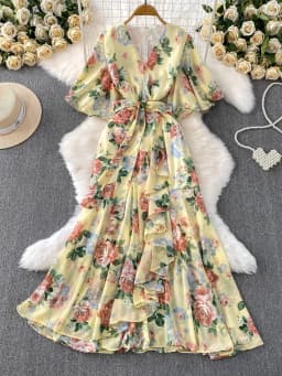 Summer Women Red/White/Yellow Floral Printed Irregular Ruffle Long Dress Vintage V-Neck Puff Sleeve Elegant Dress With Belt New