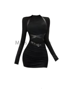 2024 Autumn Gothic Y2k Slim Dress Women Aesthetic Black Long Sleeved Streetwear Clothes Korean Fashion Patchwork Design Dresses