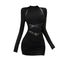 2024 Autumn Gothic Y2k Slim Dress Women Aesthetic Black Long Sleeved Streetwear Clothes Korean Fashion Patchwork Design Dresses