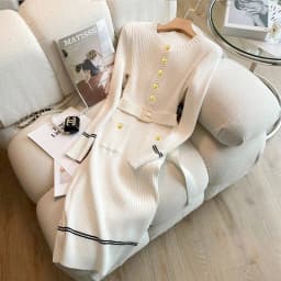 YuooMuoo 2026 Autumn Winter Women Knitted Dress Brand Fashion O-neck Buttons Bodycon Sweater Dress with Belt Lady Office Dress