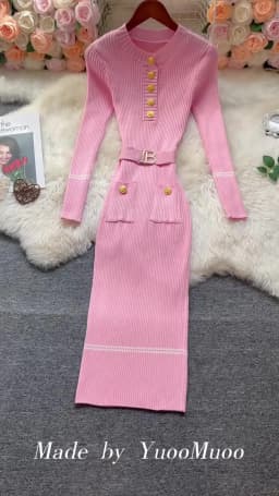 YuooMuoo 2026 Autumn Winter Women Knitted Dress Brand Fashion O-neck Buttons Bodycon Sweater Dress with Belt Lady Office Dress