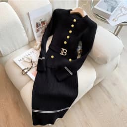 YuooMuoo 2026 Autumn Winter Women Knitted Dress Brand Fashion O-neck Buttons Bodycon Sweater Dress with Belt Lady Office Dress
