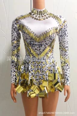 Fashion Stretch Sequins Mirror Dress Women Bodysuit Dancewear Long Sleeve Drag Queen Costume Rave Festival Night Out BodySuits