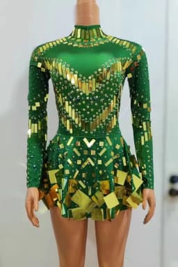 Fashion Stretch Sequins Mirror Dress Women Bodysuit Dancewear Long Sleeve Drag Queen Costume Rave Festival Night Out BodySuits