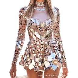 Fashion Stretch Sequins Mirror Dress Women Bodysuit Dancewear Long Sleeve Drag Queen Costume Rave Festival Night Out BodySuits