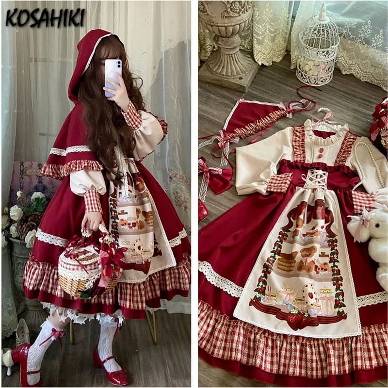KOSAHIKI Christmas Lolita Dress Kawaii Women New Year 2026 Sweet Lace Ruffle Patchwork Puff Long Sleeve Red Princess Plaid