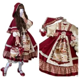 KOSAHIKI Christmas Lolita Dress Kawaii Women New Year 2026 Sweet Lace Ruffle Patchwork Puff Long Sleeve Red Princess Plaid
